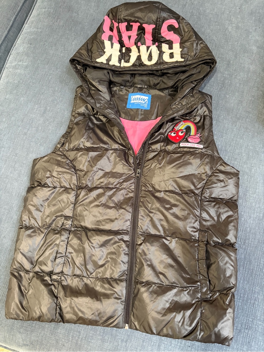 Hooded Puffer Vest - Black with Pink Accents